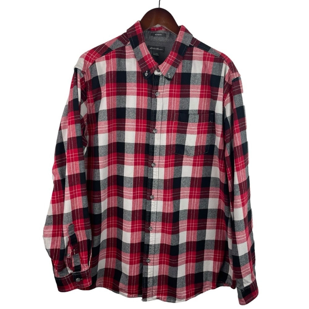 Eddie Bauer | Red Black White Plaid Relaxed Fit Button Flannel Shirt